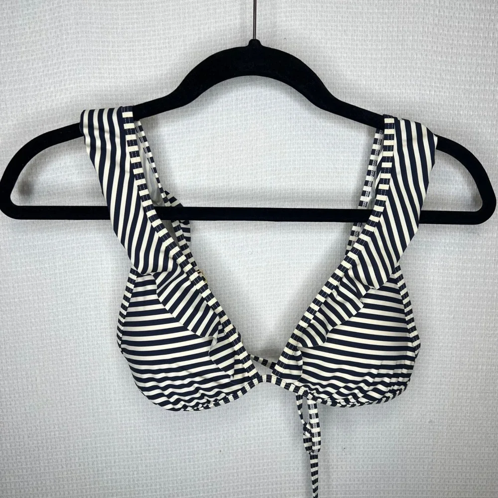 Tory Burch Navy Blue White Striped Ruffle Triangle Bikini Top Medium